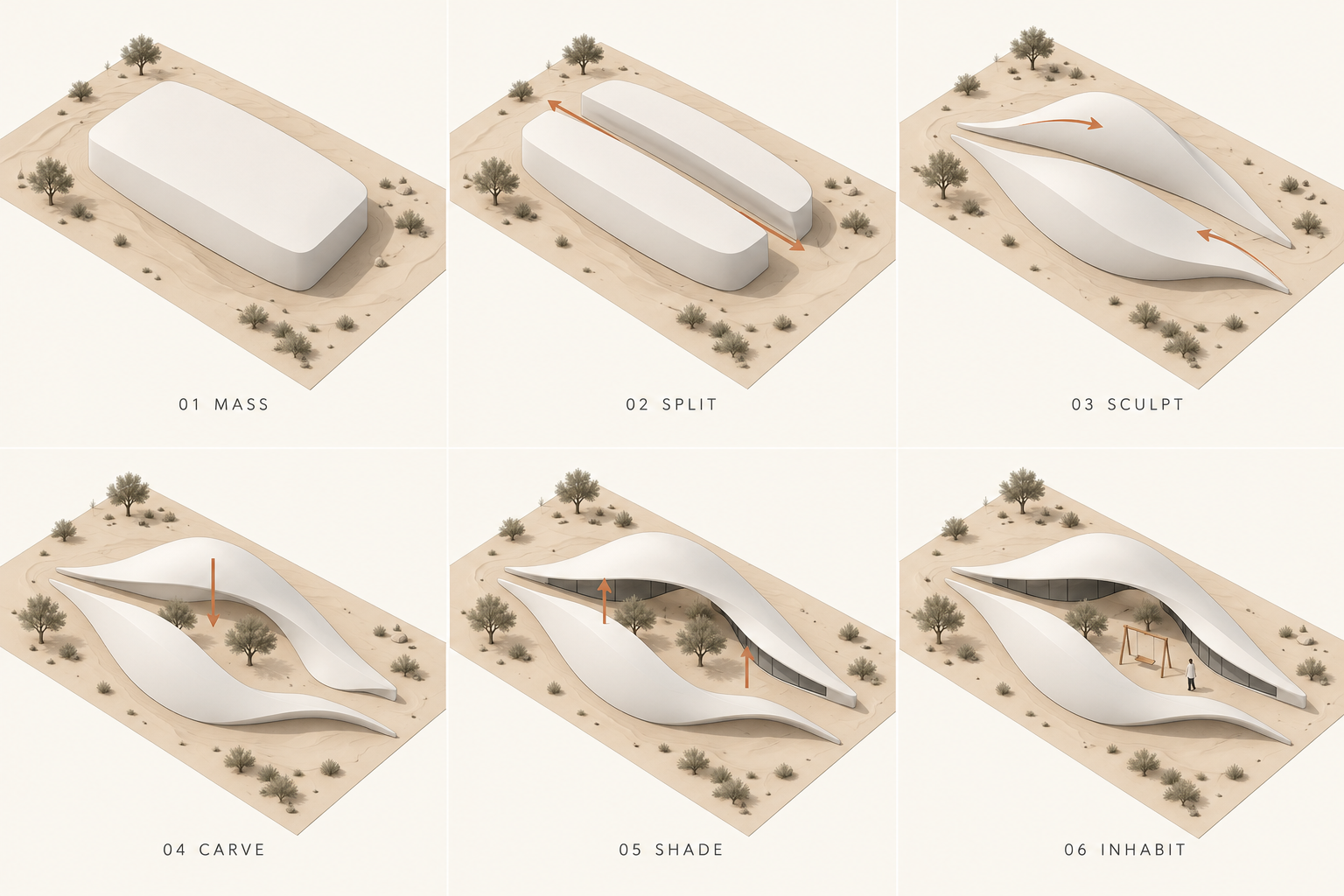 Six-step concept study showing an imagined desert pavilion evolving from a solid mass into two dune-like shells around a courtyard with a swing.